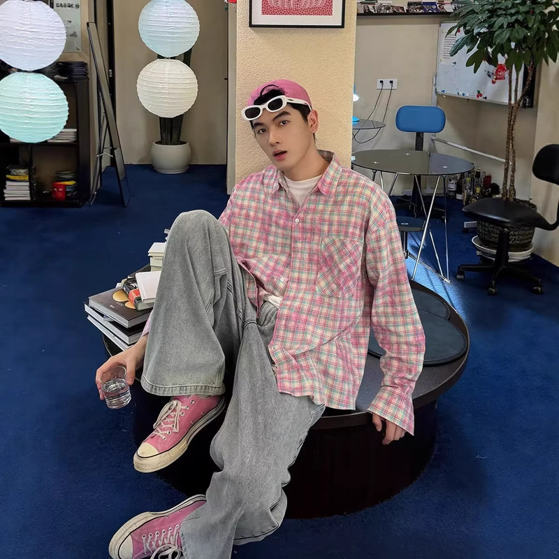 Factory Direct Sale Tie-Dye Pink Plaid Long-Sleeve Shirt Unisex Trendy Brand Loose Casual Fashion Plaid Shirt Jacket