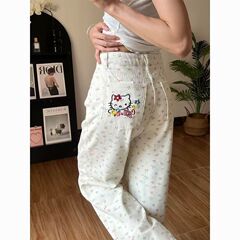 春夏の新アメリカンホワイト漫画キティ猫リボン花柄ジーンズ女性のワイドレッグストレートパンツトレンディ