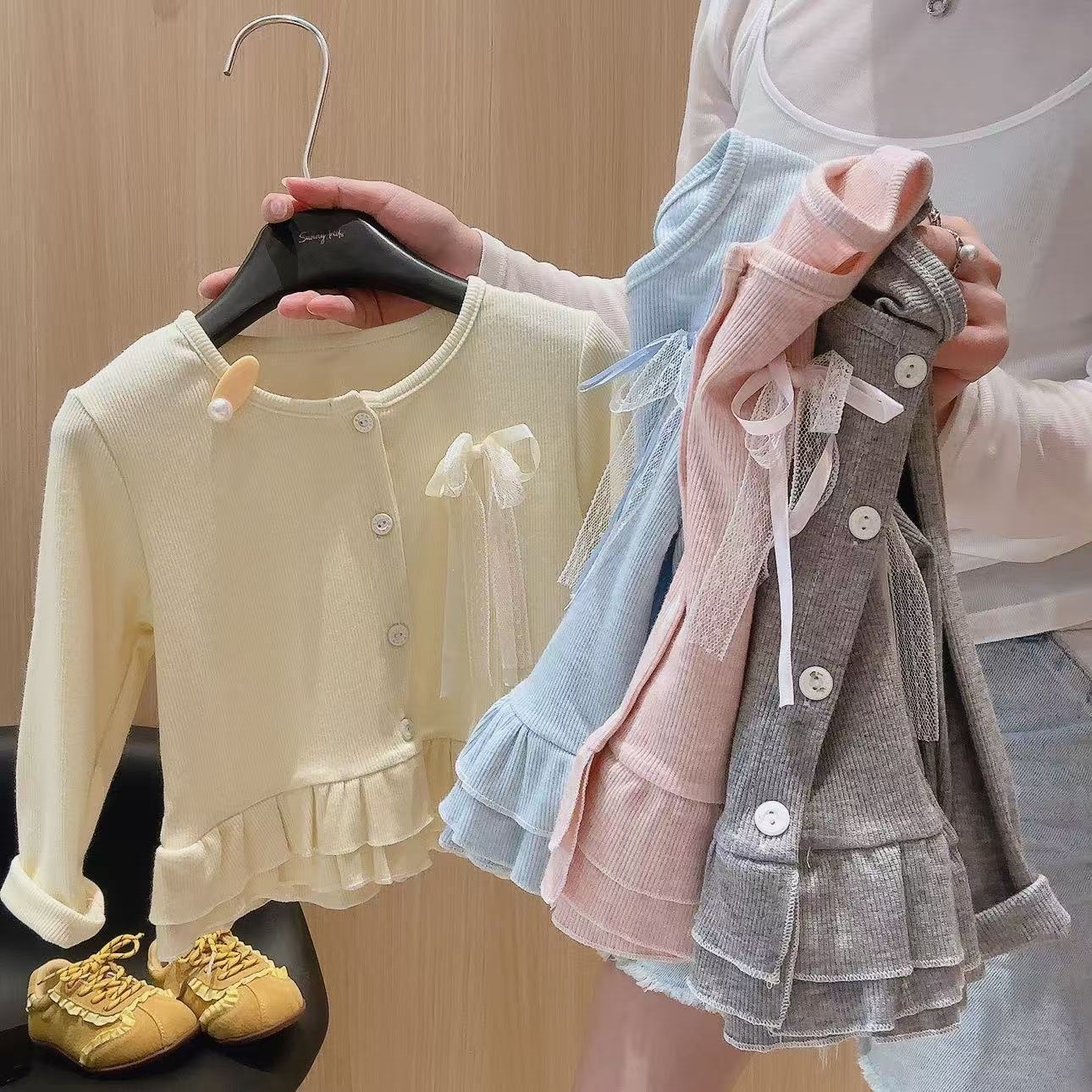 Girls' Autumn Knit Cardigan Top with Lace Bow Hem and Korean Style Ruffle Trim Design