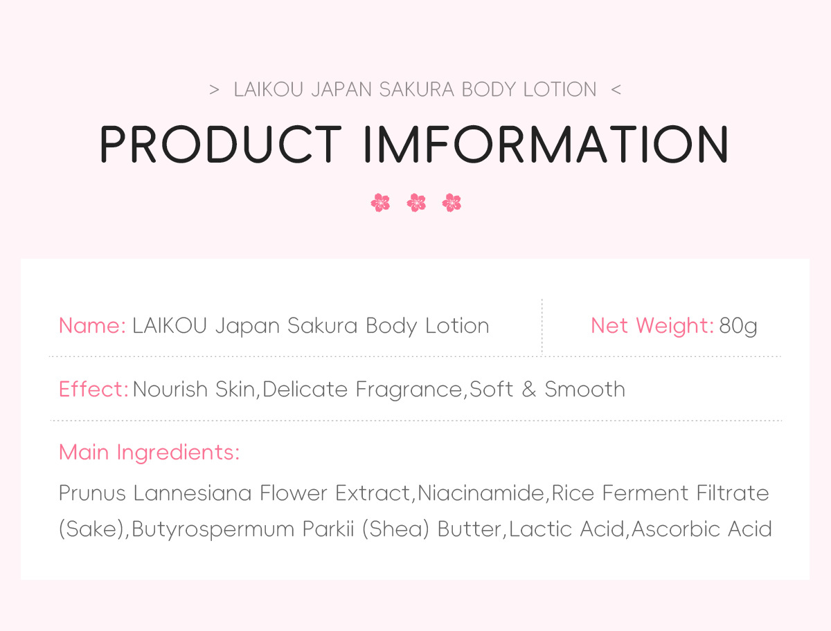 LAIKOU Cherry Blossom Body Lotion 80g Moisturizing, Lingering Fragrance, Hydrating and Moisturizing Skin Lotion in stock from the manufacturer Application Scenario