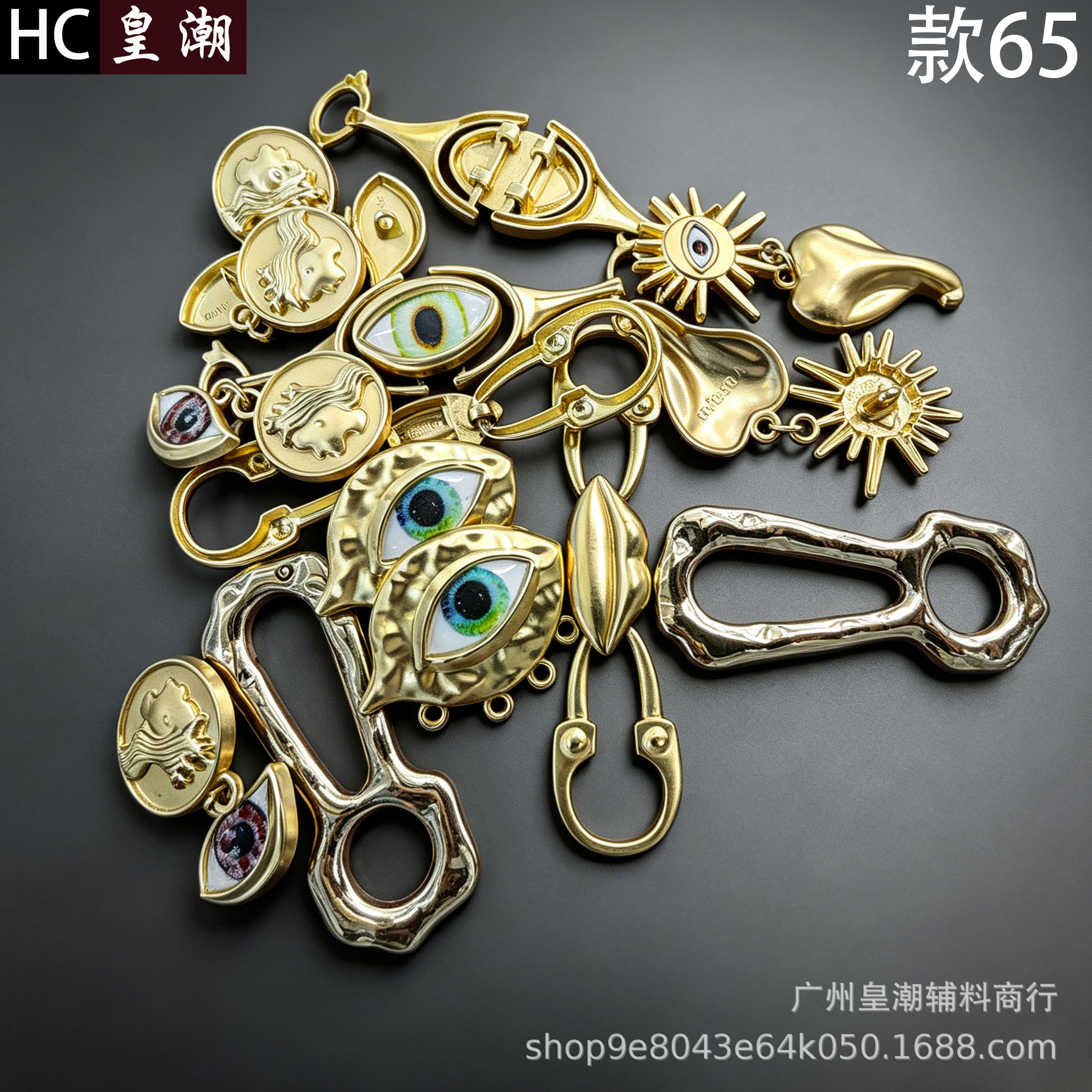 工厂直发 绿眼睛美人头唇印写轮眼太阳眼仿金色金属新潮饰品配件