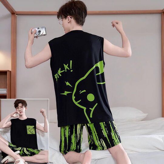 Men's Modal Pajamas Men's Summer Vest Ice Silk Thin Junior High School Students Children and Teenagers Home Clothing Set