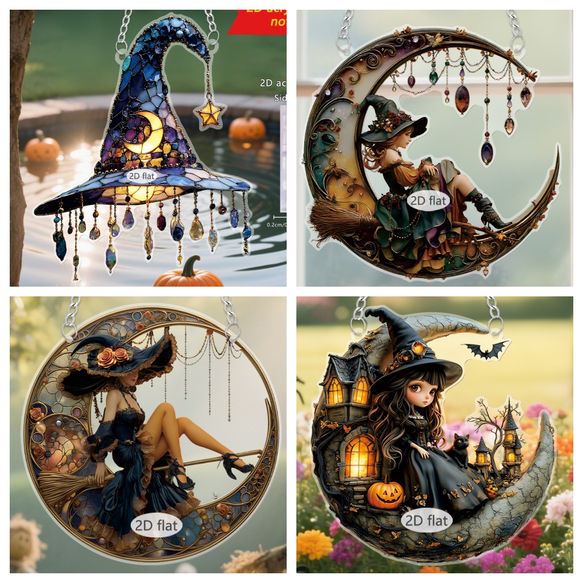 Nuevo cross-border Halloween escobera montando bruja acrílico 2D ventanas y puertas colgantes de jardín accesorios de decoración