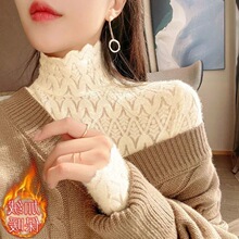 加绒加厚磨毛蕾丝打底衫女秋冬洋气高领毛衣内搭镂空柔软网纱上衣