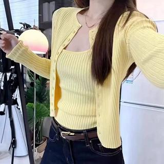 韩系减龄套装女春秋新款长袖纽扣宽松针织开衫纯色修身内搭两件套