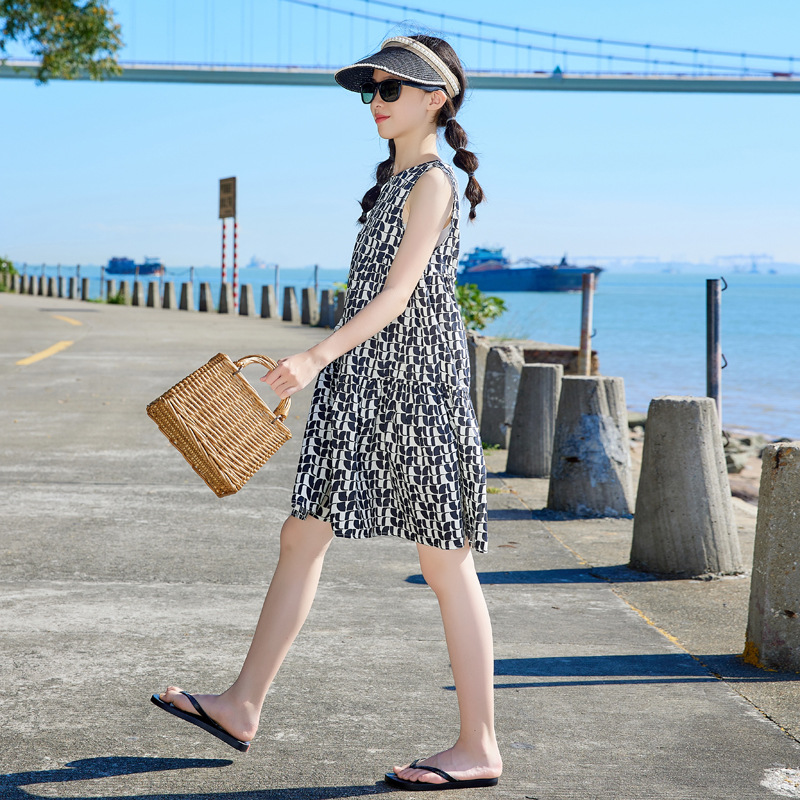 Corea del Sur ropa para niños rombo impreso vestido de las muchachas 2024 verano nueva Alta Calidad niña falda sin mangas moda