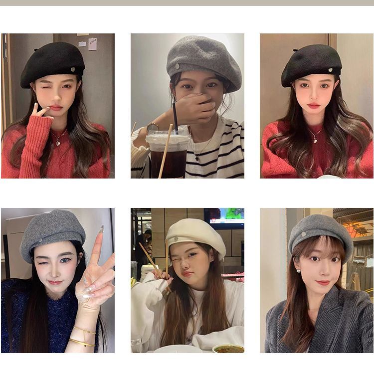 2023 New Hot Selling Woolen Fabric Big Head Waist Beret Women's Net Red Show Face Small Versatile Warm Artist Hat_voghion.com