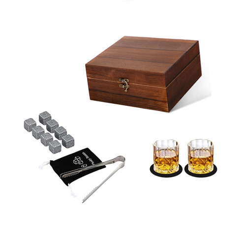 Wooden Ice Wine Stone Gift Whiskey Box Double Glasses Set Wooden Whiskey Set Box