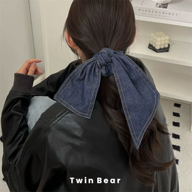 Деликатный ленивый деним синий большой пояс с бантом для волос колец толстой кишки кожаные сухожилия, веревка для волос, аксессуары для волос