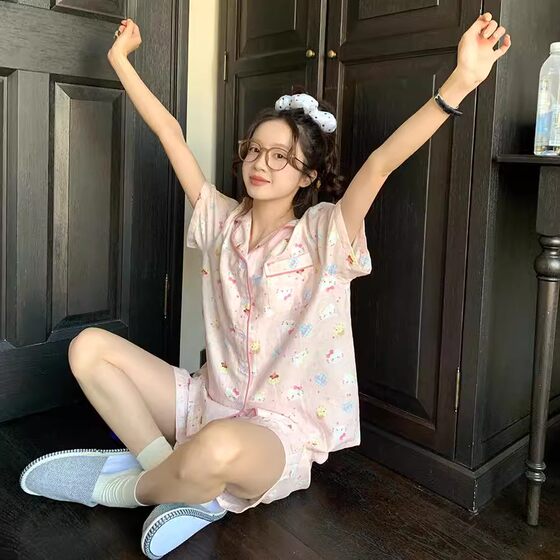 Internet Celebrity Pajamas Women's Summer Short-sleeved suit Ins Cute Cartoon Cross-border Home Clothes Summer Sweet Outer Wear