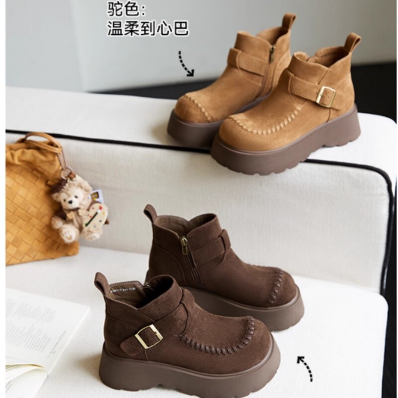 松果编织●5.5cm厚底马丁靴女绒面短筒手工勃肯袋鼠鞋显瘦松糕短|undefined