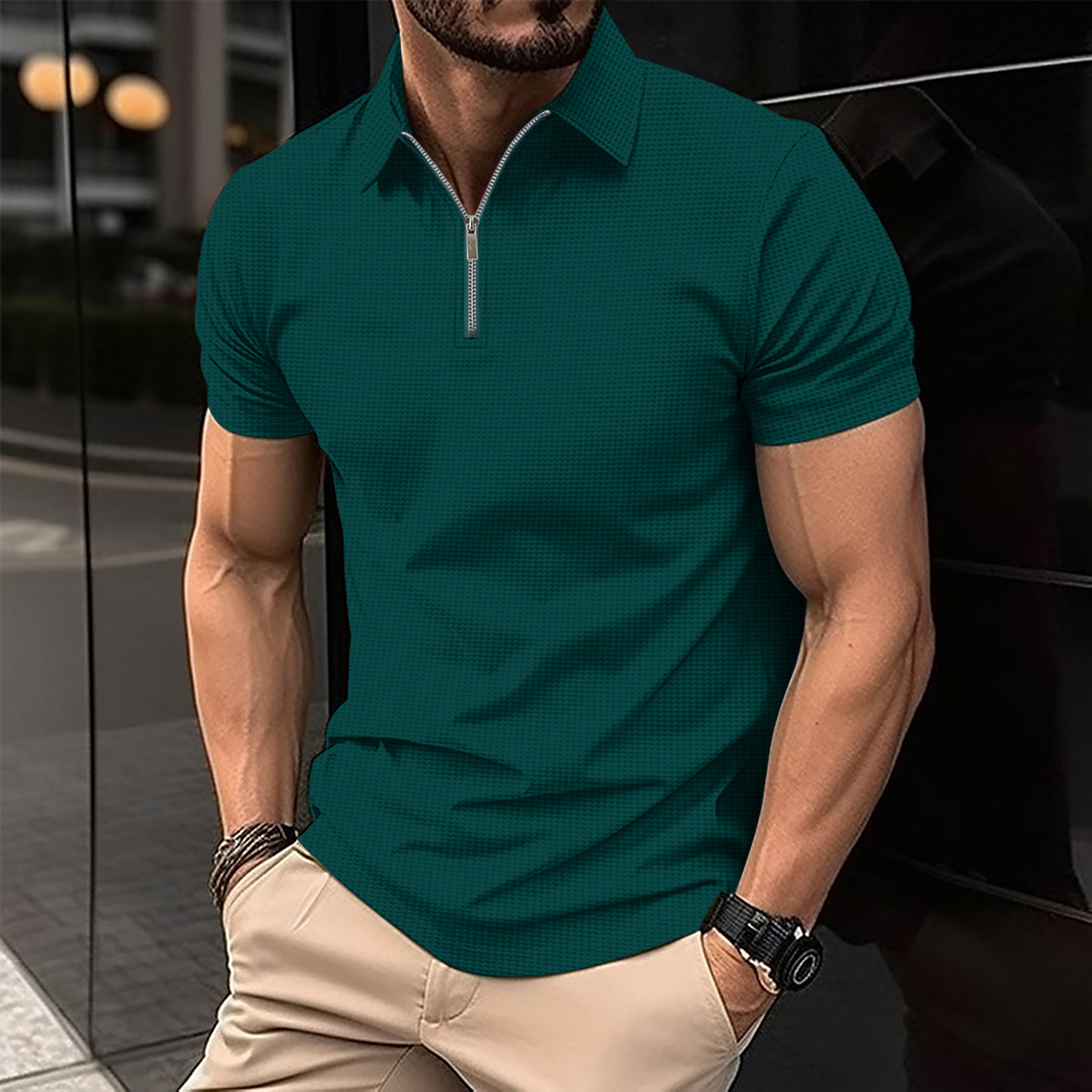 Men's Solid Color Zip Up Short Sleeve Waffle Knit Shirt Breathable Cotton Blend Top In White Black Gray For Summer_viptrois.com
