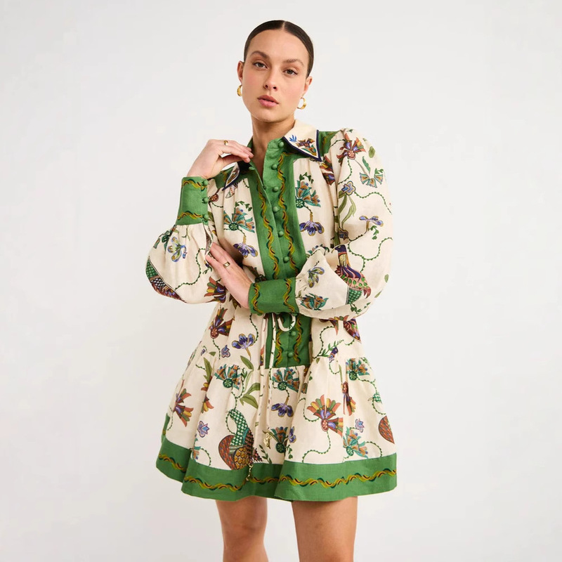 European and American Cross-Border 2026 Aliexpress Independent Site Single-Breasted Long Lantern Sleeve Graffiti Print Tie-Waist Dress European and American Cross-Border 2026 Aliexpress Independent Site Single-Breasted Long Lantern Sleeve Graffiti Print Tie-Waist Dress