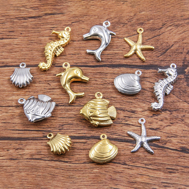 6 Stainless Steel Vacuum Plating Jewelry Accessories Marine Life Charm Hippocampus Dolphin Starfish Shell Pendant