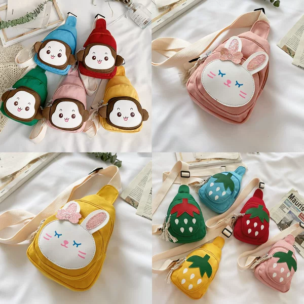 Children's Bags New Style Sweet Strawberry Canvas Chest Bag Cute and Fashionable Girl's Small Shoulder Bag Outdoor Travel Shoulder Bag