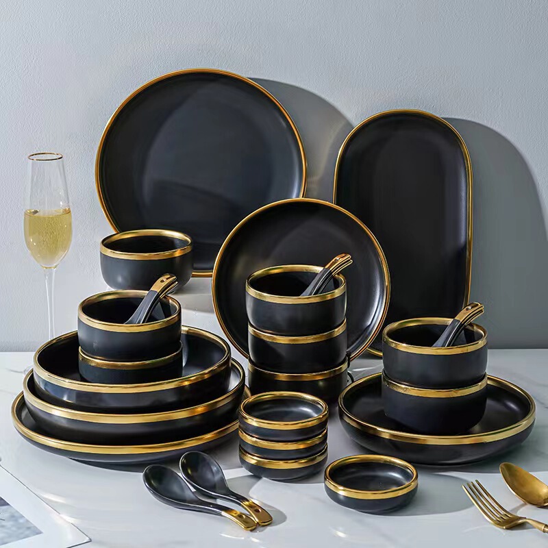 Nordic Ceramic Black Gold-Rimmed Fish Plate, Rice Bowl, Soup Bowl, Dish, Plate, Spoon Wholesale Creative Household Tableware Set Nordic Ceramic Black Gold-Rimmed Fish Plate, Rice Bowl, Soup Bowl, Dish, Plate, Spoon Wholesale Creative Household Tableware Set
