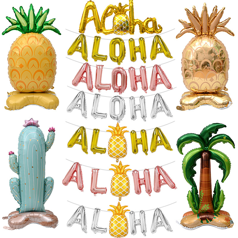 Globo de aluminio con diseño de cactus, cocotero y piña, empaquetado individualmente, para fiestas de verano en Hawái, ALOHA