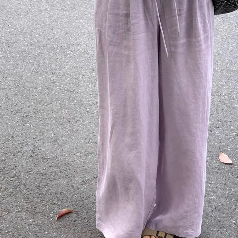 亚麻垂坠感阔腿裤女2025新款紫色棉麻裤子胖mm显瘦大码薄款直筒裤|undefined