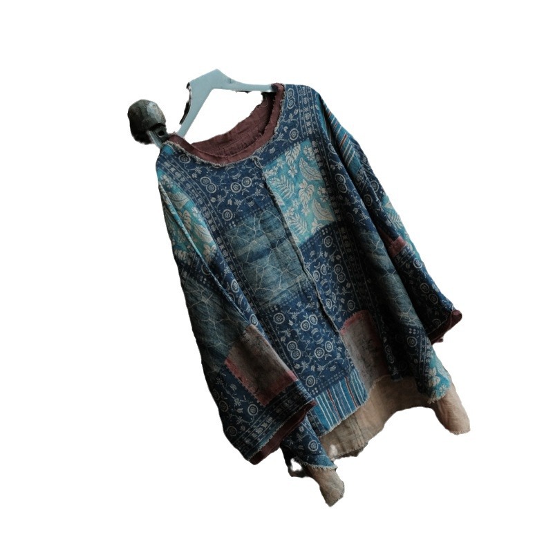 小泥姑娘オリジナルデザイン婦人服レトロアートプリント純綿ラウンドネックローエッジTシャツトップス2053青衿