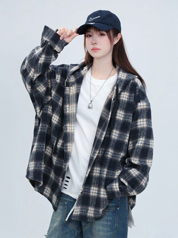 美式格子连帽衬衫男女春秋宽松慵懒风衬衣痞帅高级感小众情侣外套|undefined