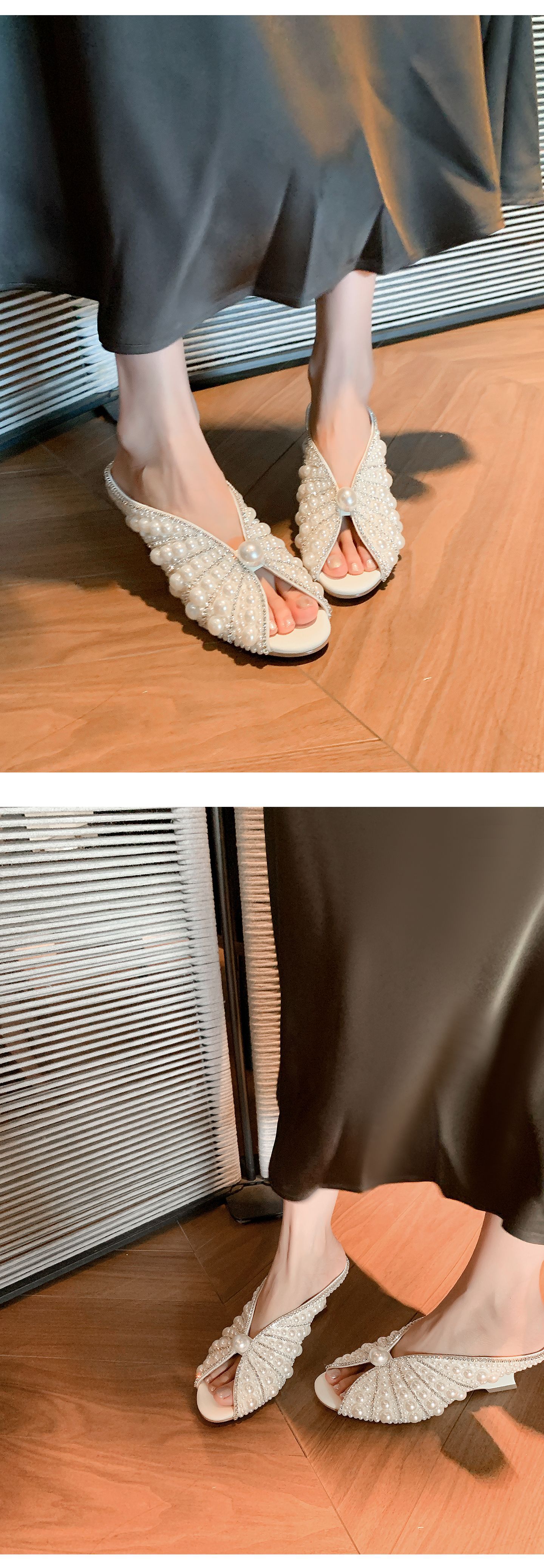 Sandal cao gót nữ mũi peep-toe đính ngọc trai, gót xuồng platform, phù hợp tiệc tùng — màu đen, màu trắng chi tiết 17