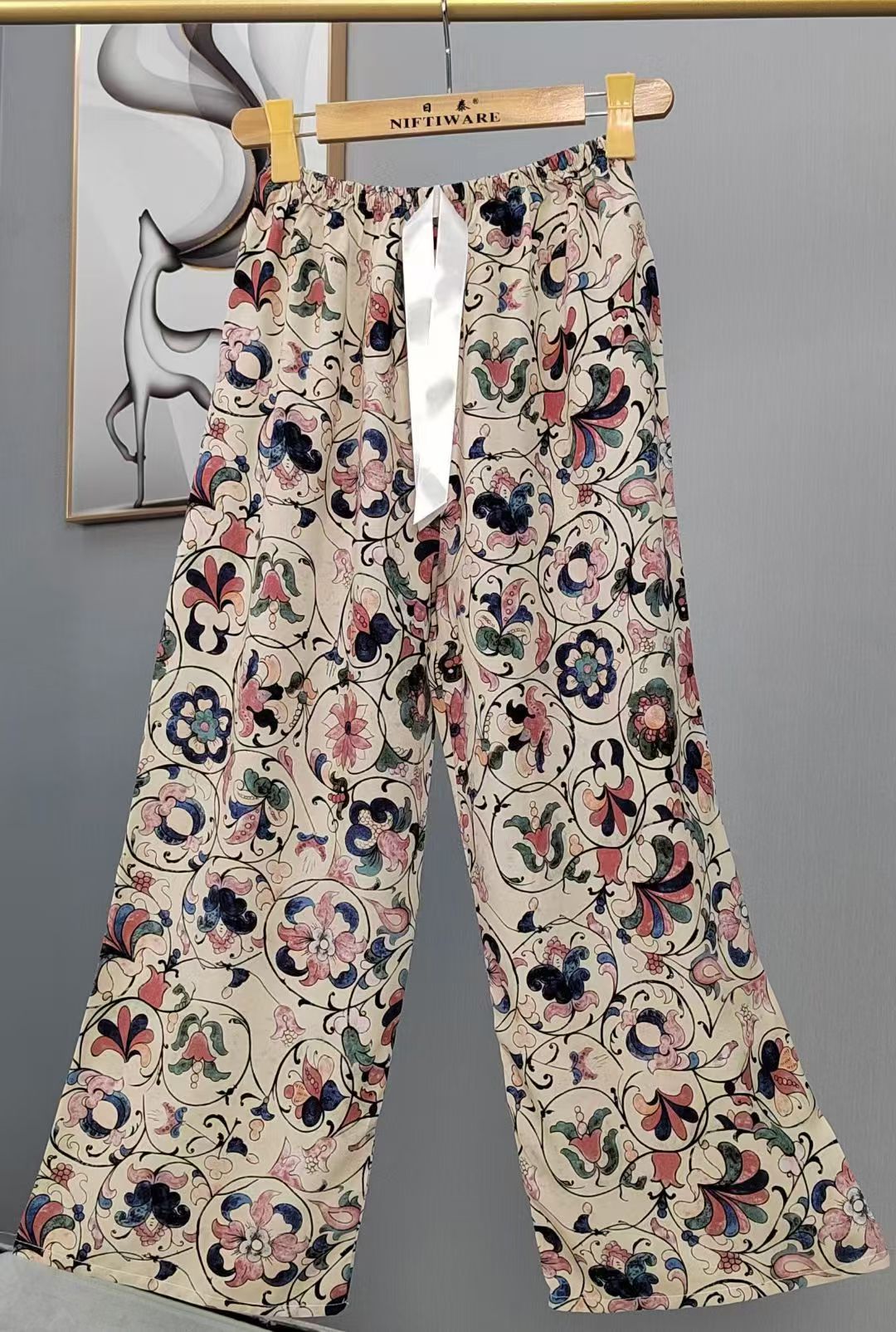 Pijama de seda de algodón para mujer, pantalones anchos de mujer embarazada de seda de algodón con estampado fino de verano