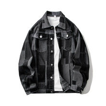 撞色格子牛仔外套男春装新款帅气上衣男英伦长袖翻领男士夹克春季
