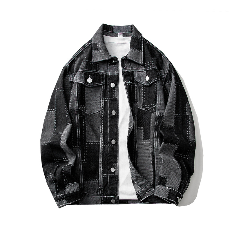 撞色格子牛仔外套男春装新款帅气上衣男英伦长袖翻领男士夹克春季