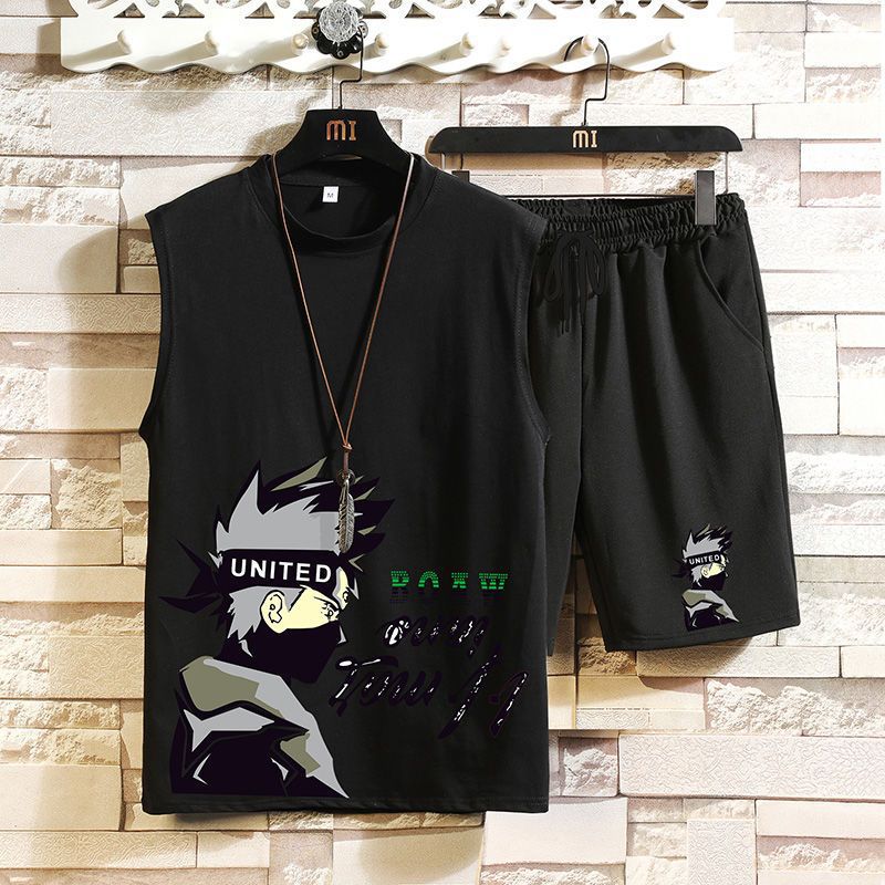 Deportes y ocio hombres traje de verano nueva juventud suelta más cuello redondo chaleco shorts set guapo partido