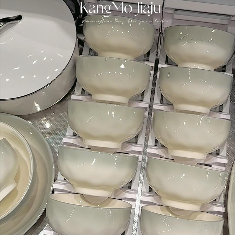 Dish Set in Gradient Green for Home Use, Thickened Bowls with Floral Edges, Ceramic Tableware, Underglaze Colored Bowls, Housewarming Gift