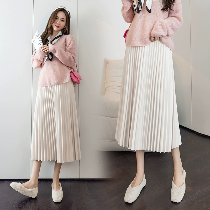 Плиссированная юбка для беременных женщин на осень-зиму с высокой талией, утягивающая драпировка, плиссированная юбка средней длины А-силуэта, большая юбка-зонтик-качели