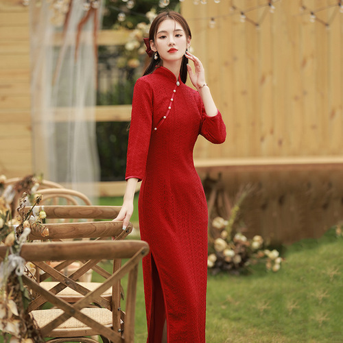 Red Lace Chinese Dresses Oriental Qipao Cheongsam for women Wedding Engagement Bride Toasting Dress host singers performance dresses