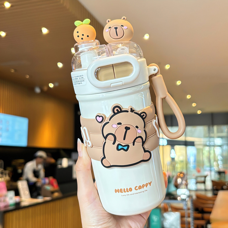 かわいい Kapibara 子供用ポットとカップセット学生魔法瓶カップ調節可能なカップロープポータブルシリコンノズル飲料カップ|undefined