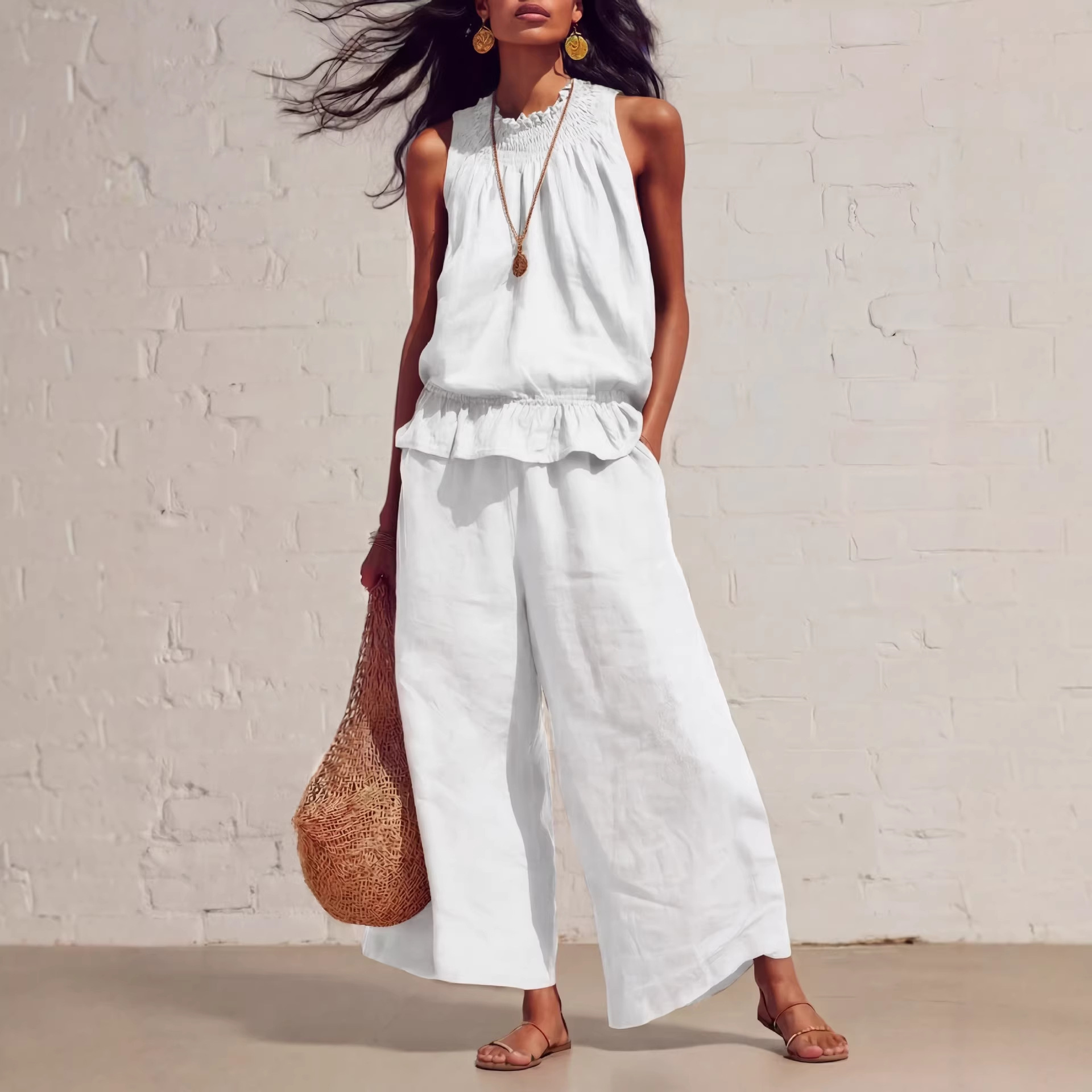 Women's Clothing American Style Women's Ruffled Cotton Linen Two Piece Set Retro Bohemian Spring Summer New Arrivals_ecoleips.com