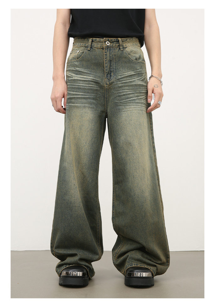 Quần jean nam ống rộng ống đứng dáng suông, vải denim giặt nước hiệu ứng râu mèo — Xanh cổ điển chi tiết 6