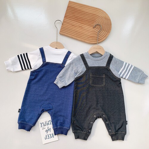 Internet celebrity trendy baby jumpsuit fake two-piece male baby hoodie new style children and girls knitted denim crawler suit