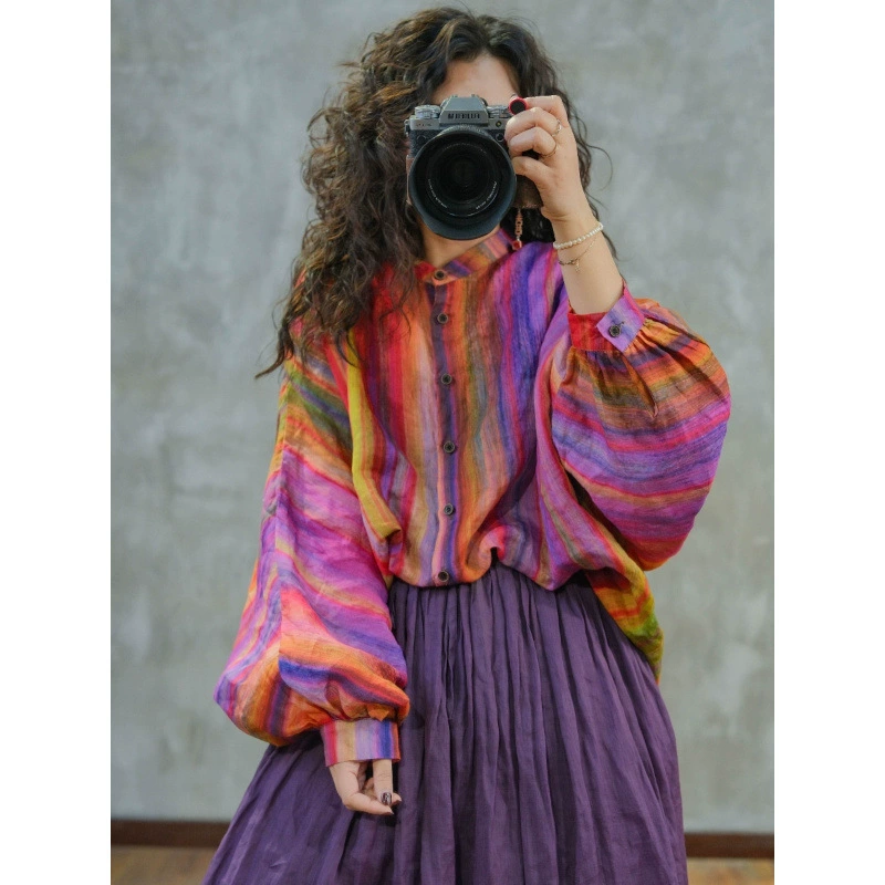 Запутанный цвет с принтом дамы в Гонконге стиль ретро рубашка Рами с длинными рукавами женская весна и осень новая свободная повседневная рубашка