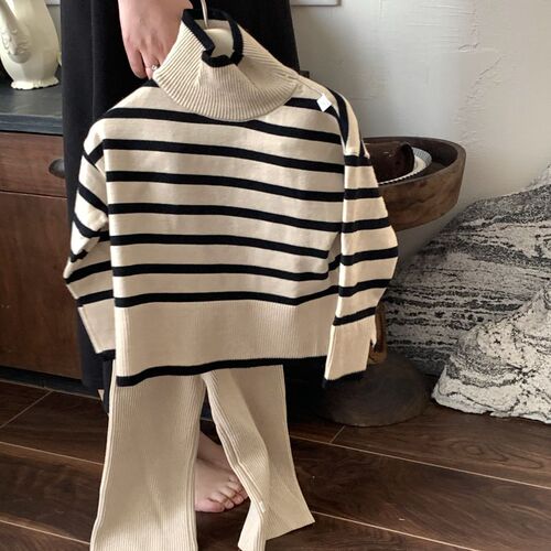 Children's Korean-style set  autumn and winter new striped wool set high neck turtleneck sweater slim wide-leg pants