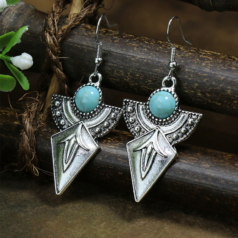 Wholesale Jewelry Casual Bohemian Round Rhombus Alloy Turquoise Hollow Out Inlay Drop Earrings display picture 2