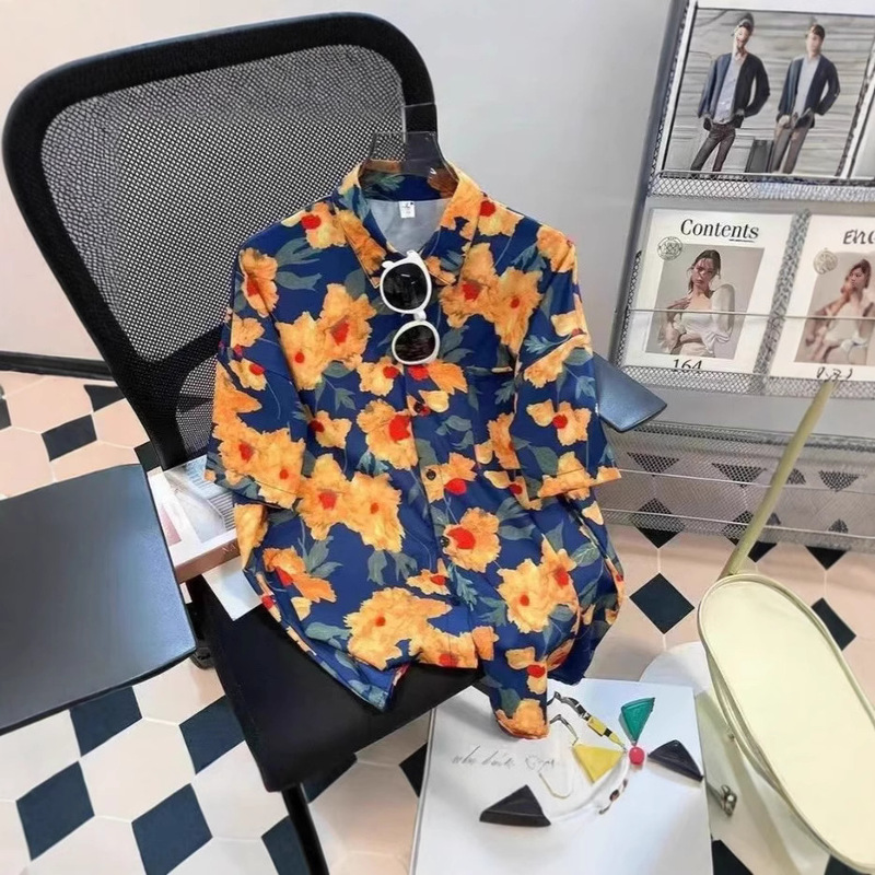 90S Hong Kong Style Women's Floral Shirt Red Retro Short-Sleeved Hong Kong Style Polo Collar Summer Fashion Loose Top