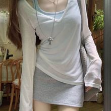 松弛感防晒罩衫女夏季薄款微透V领天丝外搭上衣显瘦纯欲风长袖T恤