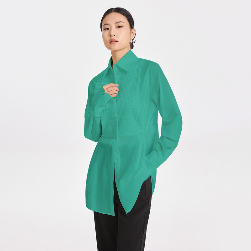 Long Shirt for Women, Guangzhou Thirteen Lines Original Accordion Pleated Design Niche Butt-Covering Green Cotton Top