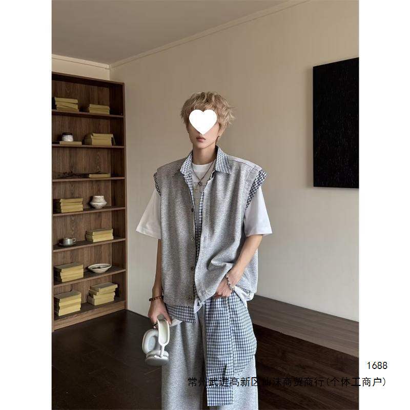 Air-layer plaid shirt, faux two-piece vest jacket, unisex spring/summer 2026 new American retro cardigan