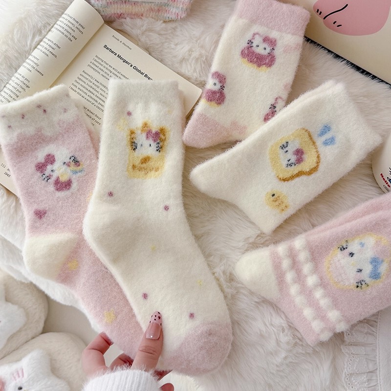 Winter Socks Pink Girls Fleece-Lined Thickeneded Warm Socks Sleep Socks Winter Cute Furry Confinement Socks