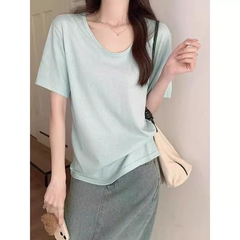 U-Neck Short-Sleeved T-Shirt for Women 2026 Summer New Style Loose and Versatile T-Shirt Slimming Look Snowflake Cotton Large Neckline Low-Neck Top