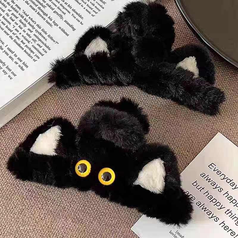 46#Black cat ear fluffy hair claw clip, approximately 13cm