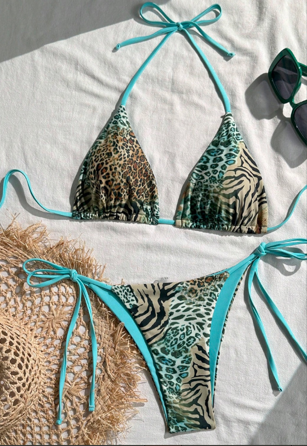 Women's Sexy Leopard Print Bikini Swimsuit Three Piece Tight Fit Halter Neck Two Piece Swimwear_ecoleips.com