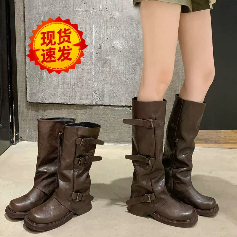 现货两个版本增高时髦女秋冬加绒皮带扣方圆头褶皱中筒骑士靴长靴