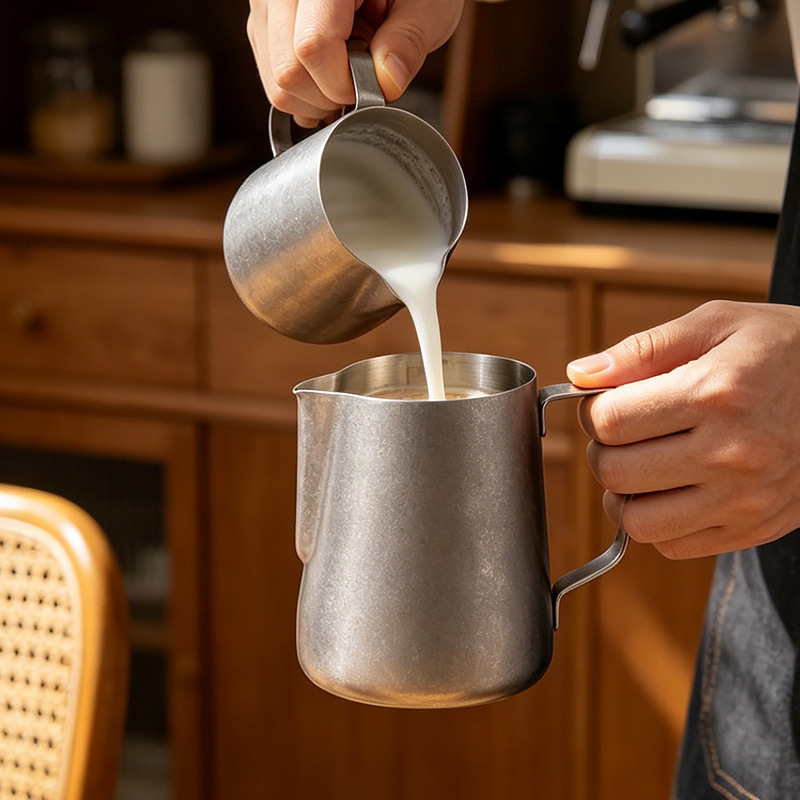 Vintage stainless steel 304 latte art pitcher with pointed spout, thickened milk frothing pitcher, home-use Italian latte art pitcher