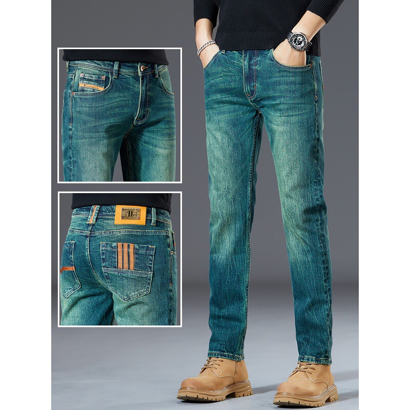 Hong Kong High-End Green Jeans Men's Slim Straight Trendy Korean Style Trendy Elastic Long Pants 2025 New Style